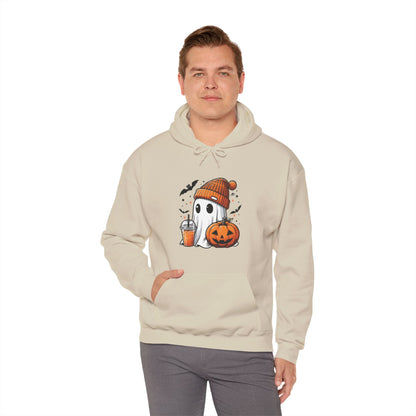 Cute Halloween Ghost in Beanie Unisex Heavy Blend Hooded Sweatshirt - Cozy Autumn Coffee Lover Pullover Hoodie
