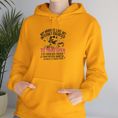 Yellow unisex fleece hoodie with funny “19 tabs open” internet humor graphic, relaxed fit sweatshirt with kangaroo pocket and drawstring hood, cozy casual streetwear
