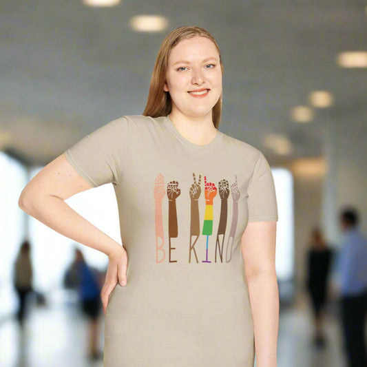 Unisex BE KIND T-Shirt featuring hands using American Sign Language to spell 'BE KIND' – lightweight, ethical cotton shirt promoting kindness, inclusion, and social awareness