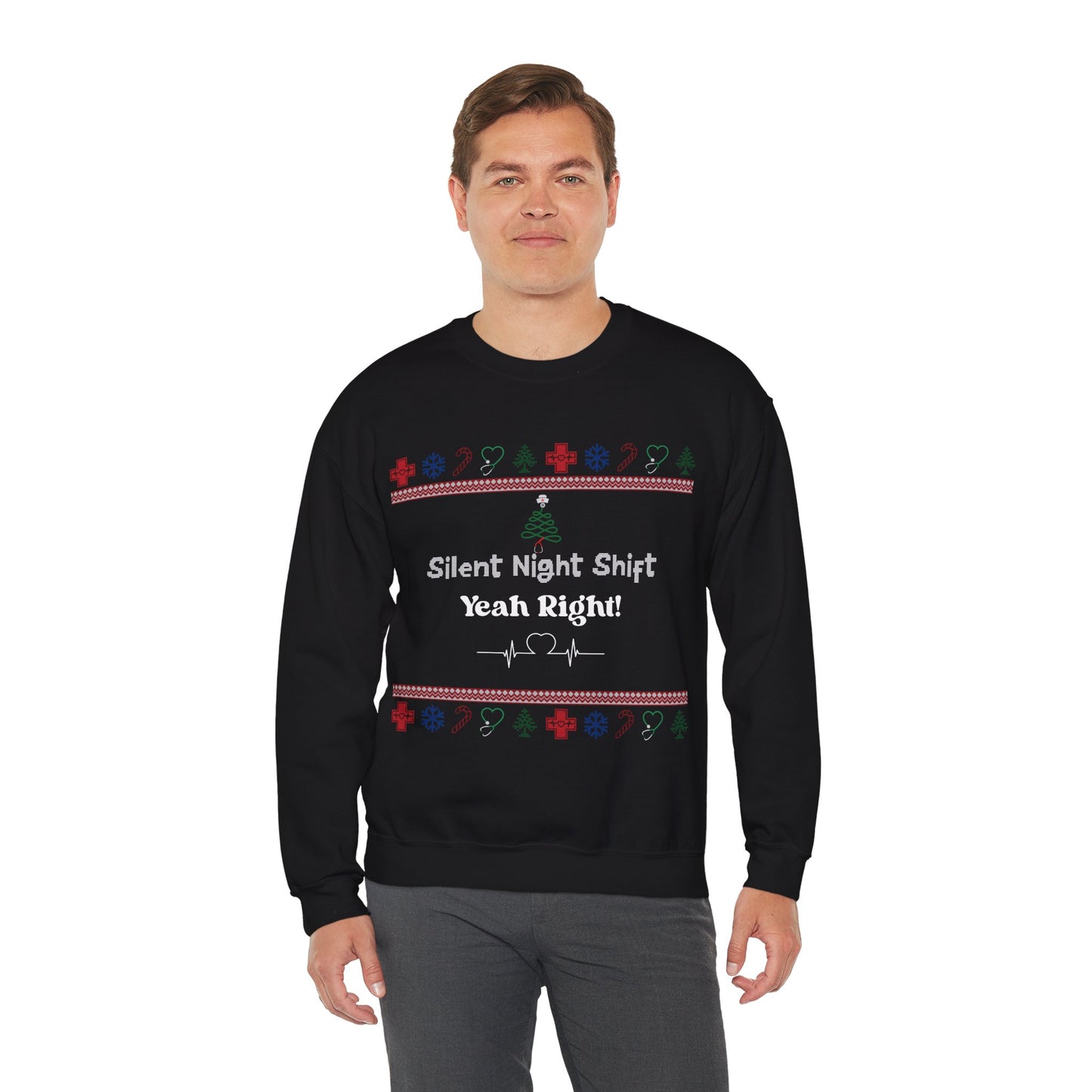Festive Night Shift Sweatshirt, Perfect for Nurses, Holiday Gift, Ugly Sweater Party, Cozy Crewneck, Christmas Apparel
