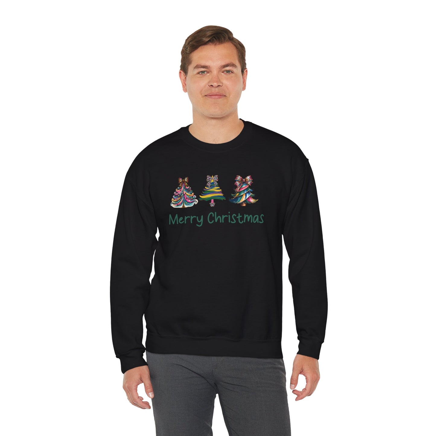 Merry Christmas Whimsical Christmas Trees  Cozy Unisex Holiday Crewneck