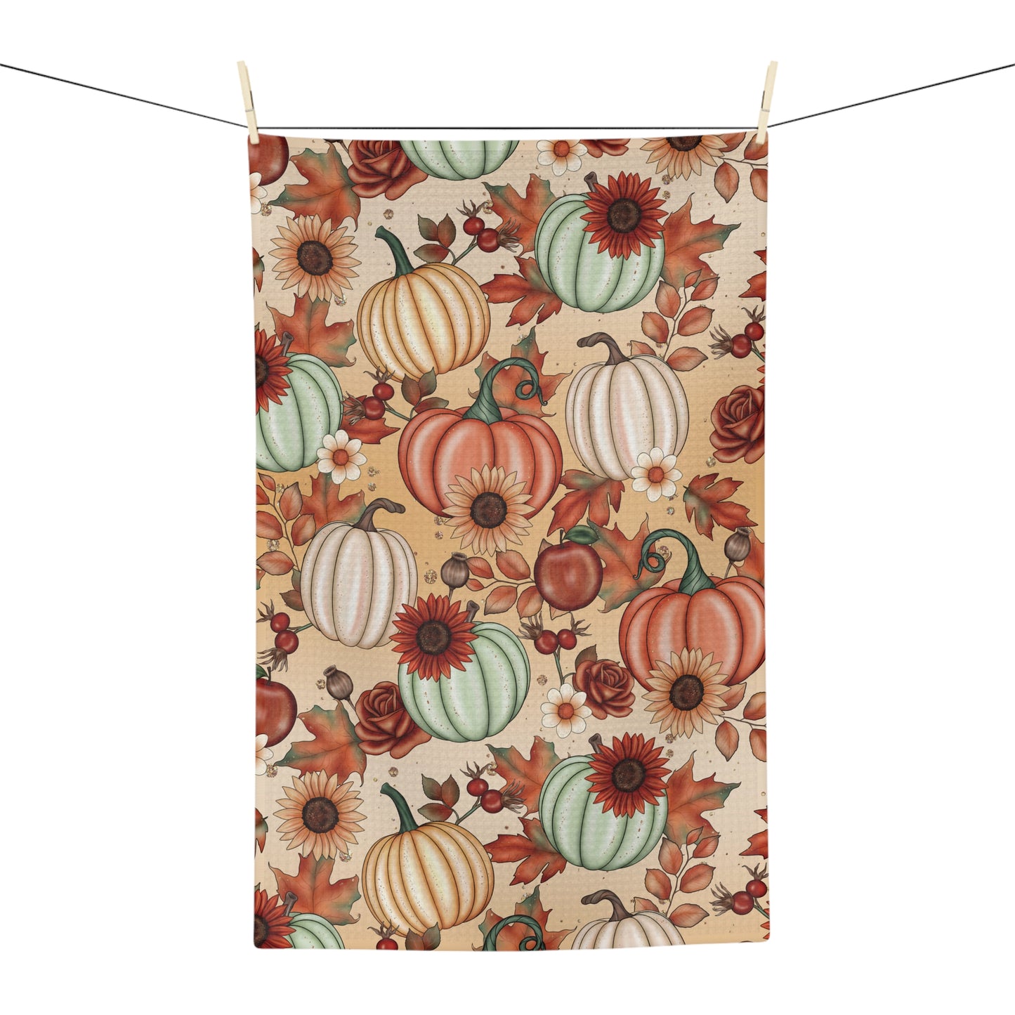 Kitchen Tea Towel with Fall Leaves and Sunflowers