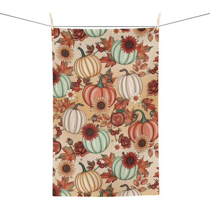 Kitchen Tea Towel with Fall Leaves and Sunflowers