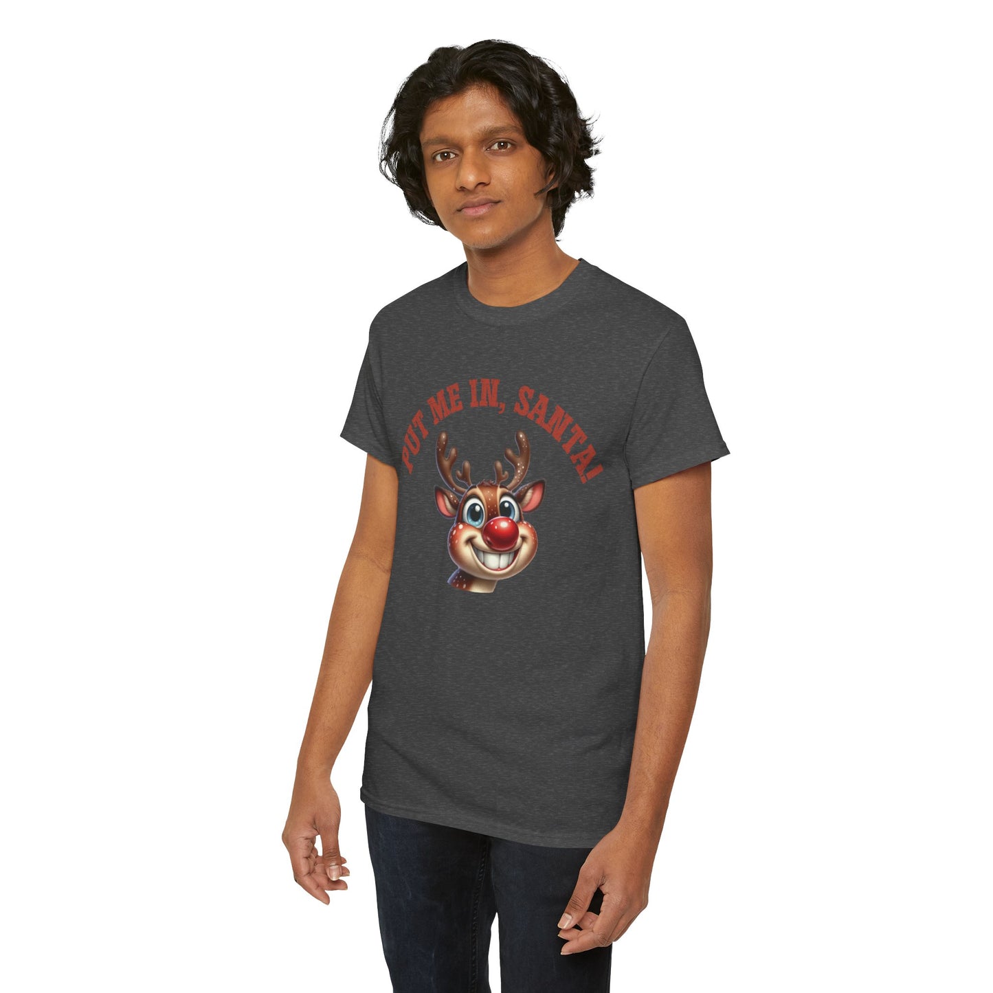 Put Me In, Santa Smiling Deer Unisex Heavy Cotton Tee – Fun and Festive Christmas Shirt