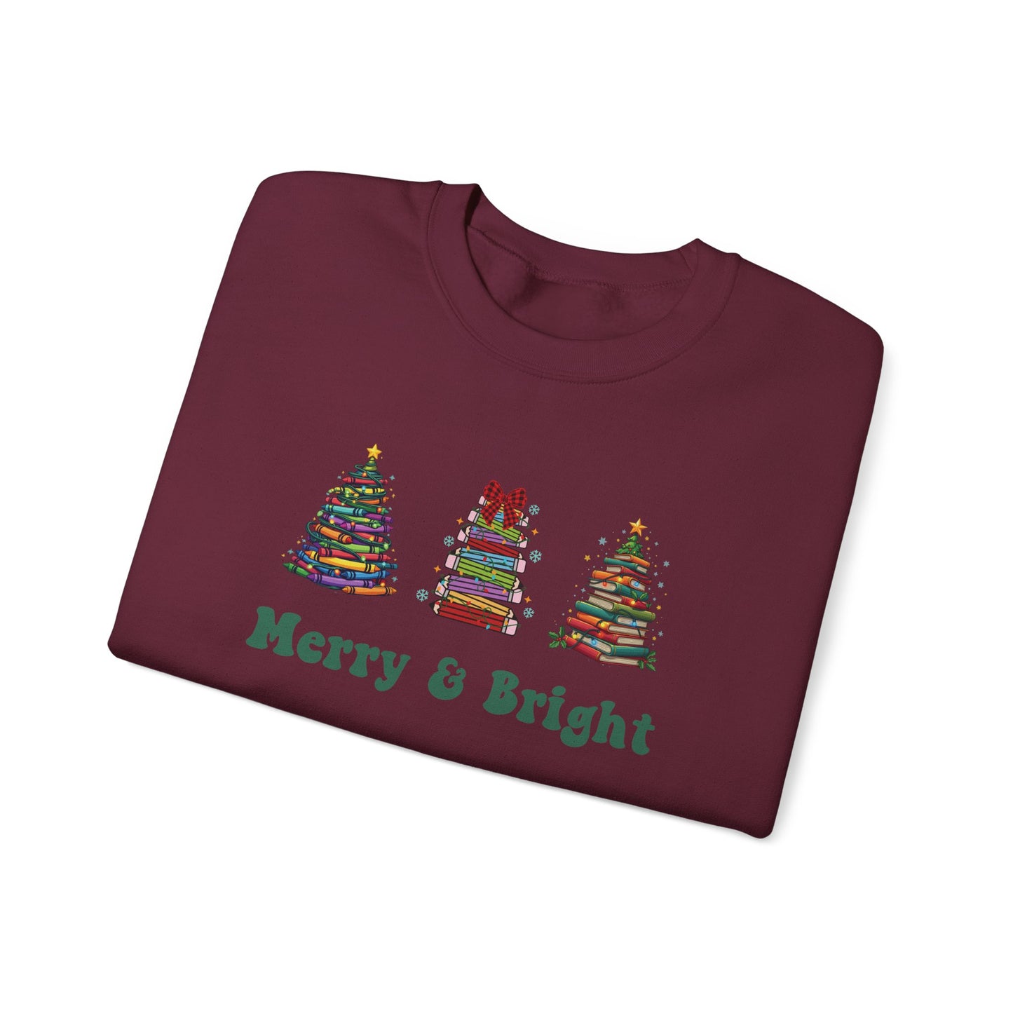 Merry & Bright Crayon, Pencil, and Book Christmas Sweatshirt | Cozy Unisex Holiday Crewneck