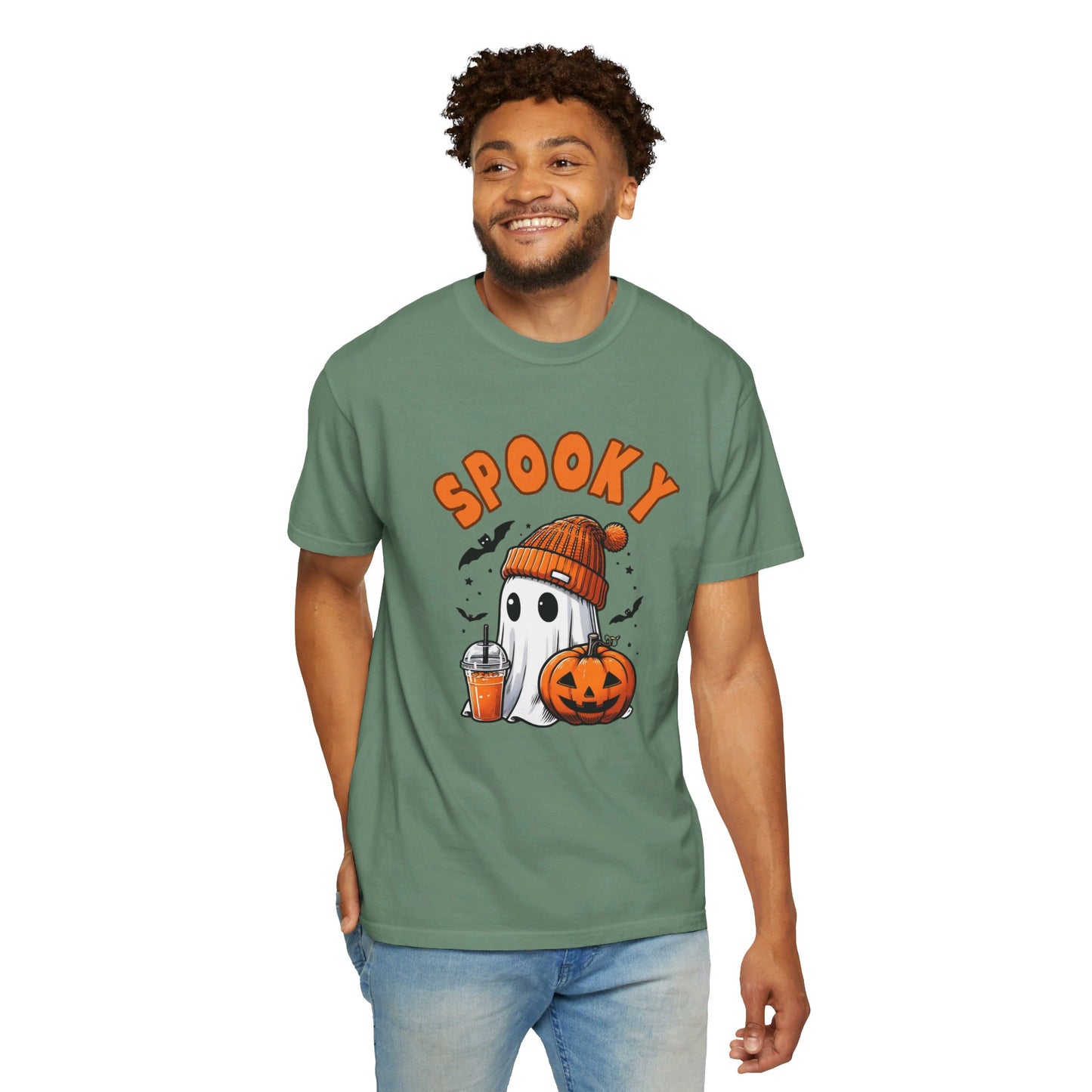 Spooky Ghost with Drink and Pumpkin Garment-Dyed T-shirt