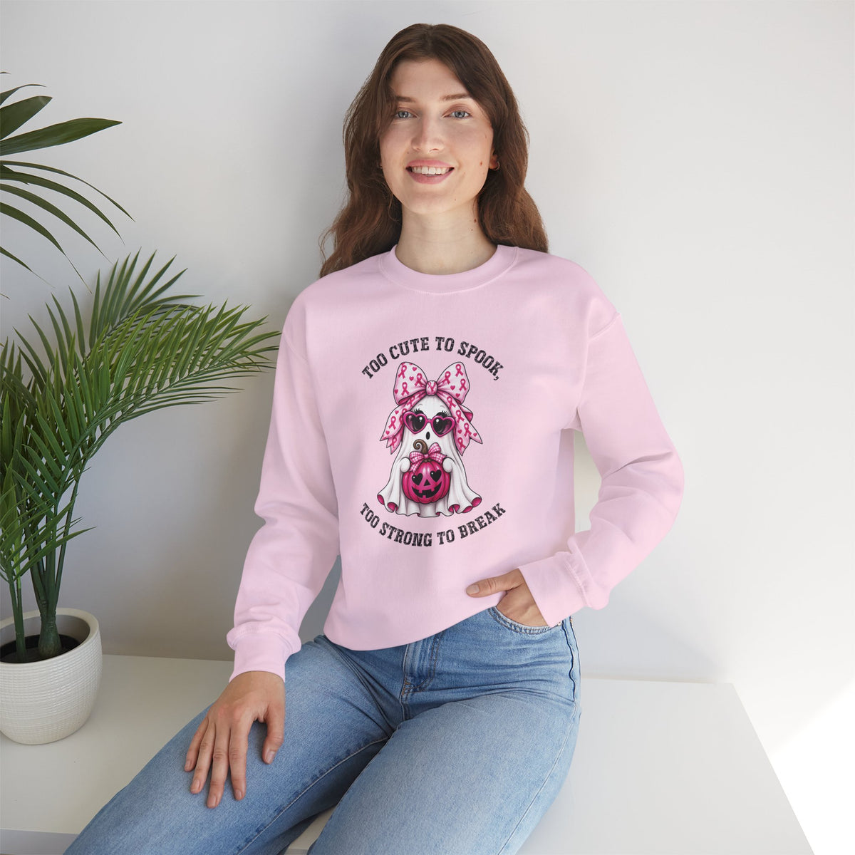 Breast Cancer Awareness Halloween Sweatshirt – Pink Ribbon Ghost Pumpkin Crewneck