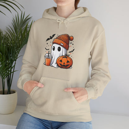 Cute Halloween Ghost in Beanie Unisex Heavy Blend Hooded Sweatshirt - Cozy Autumn Coffee Lover Pullover Hoodie