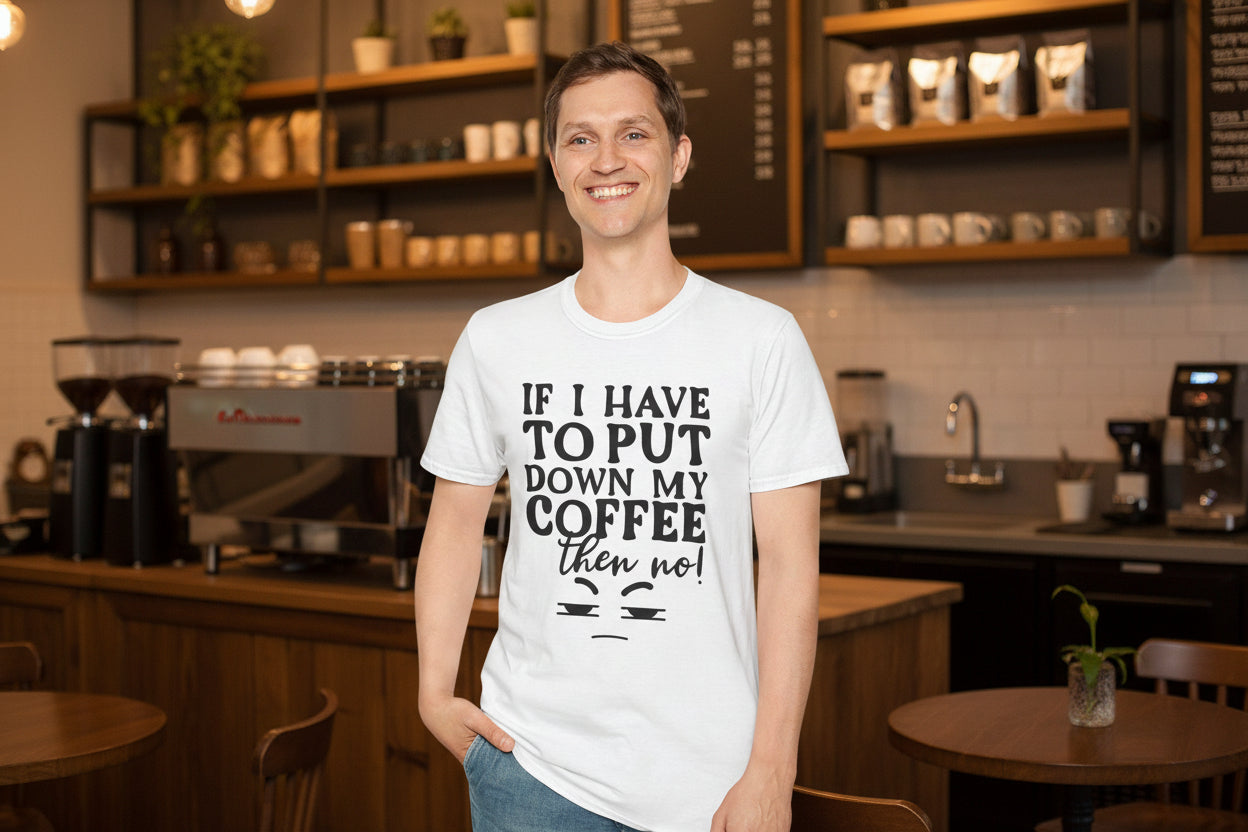 Coffee Lovers T-Shirt — "If I Have to Put Down My Coffee Then No!" Funny Caffeine Tee