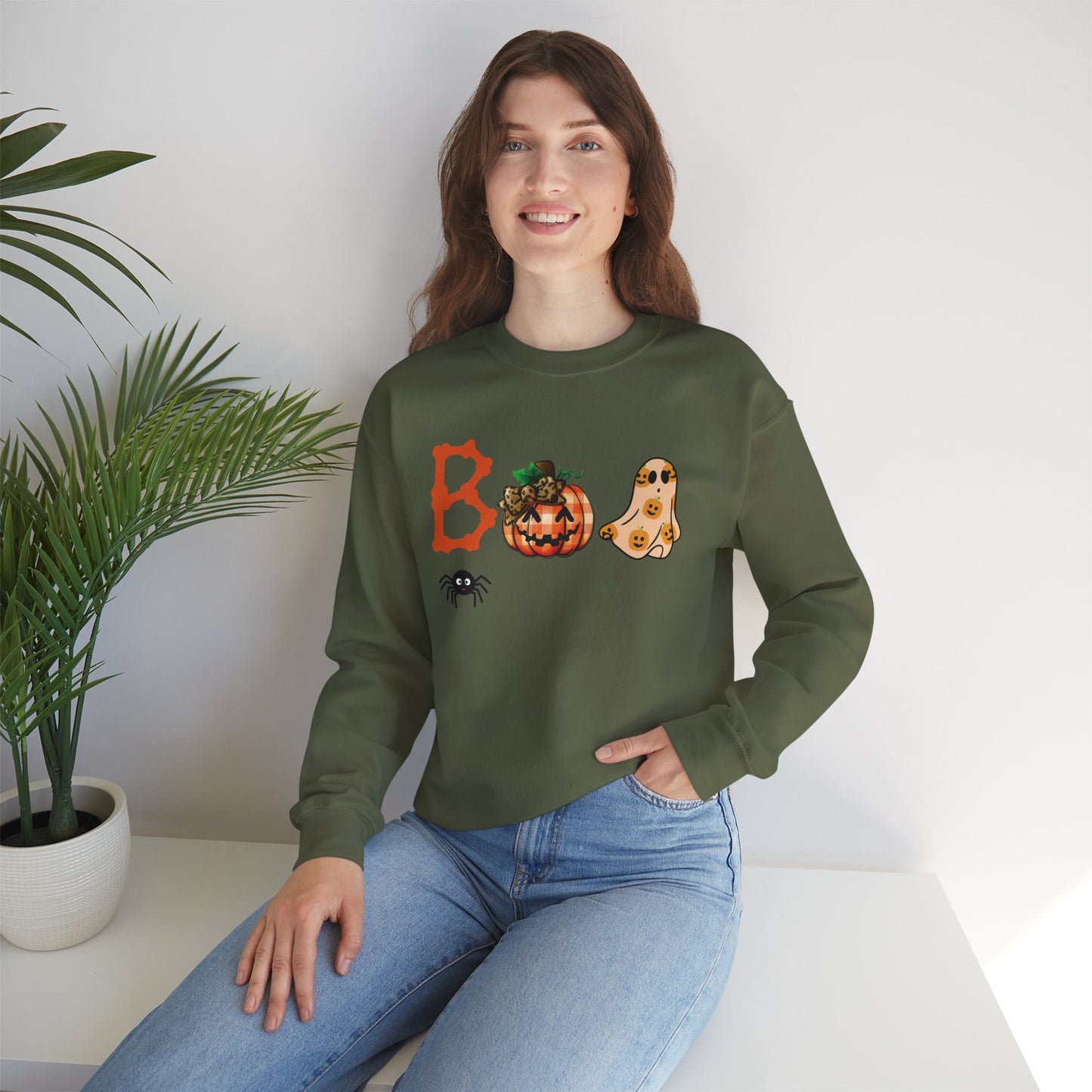 BOO Halloween Sweatshirt – Unisex Cozy Fall Crewneck with Pumpkin, Ghost &amp; Spider Design