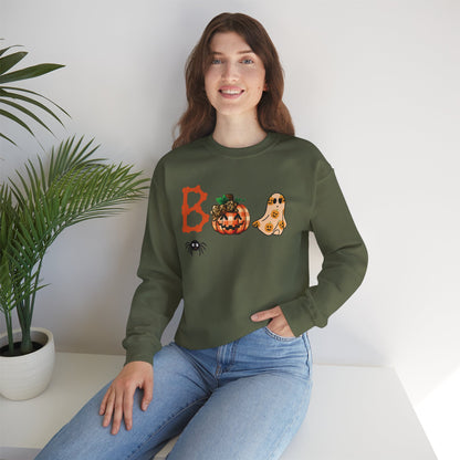 BOO Halloween Sweatshirt – Unisex Cozy Fall Crewneck with Pumpkin, Ghost &amp; Spider Design