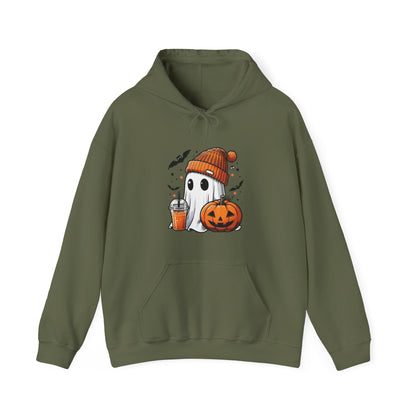 Cute Halloween Ghost in Beanie Unisex Heavy Blend Hooded Sweatshirt - Cozy Autumn Coffee Lover Pullover Hoodie