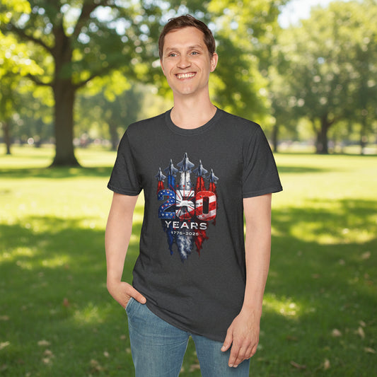 Man wearing a dark gray patriotic graphic t-shirt featuring a distressed American flag design with “250 Years 1776–2025” artwork in a park setting