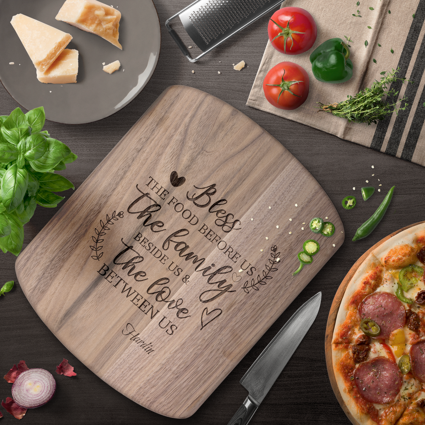 Bless The Food Before Us The Family Beside Us & The Love Between Us Hardwood Oval Cutting Board