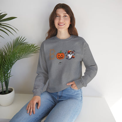 BOO Halloween Sweatshirt – Cute Ghost &amp; Pumpkin Unisex Crewneck for Spooky Season