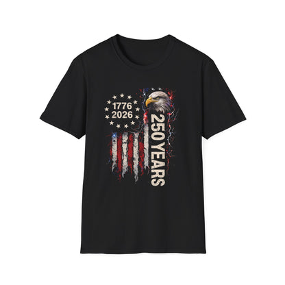 250 Years of Freedom T-Shirt | 1776–2026 USA 250th Anniversary Bald Eagle Patriotic Tee | Gildan Softstyle 64000 Unisex
