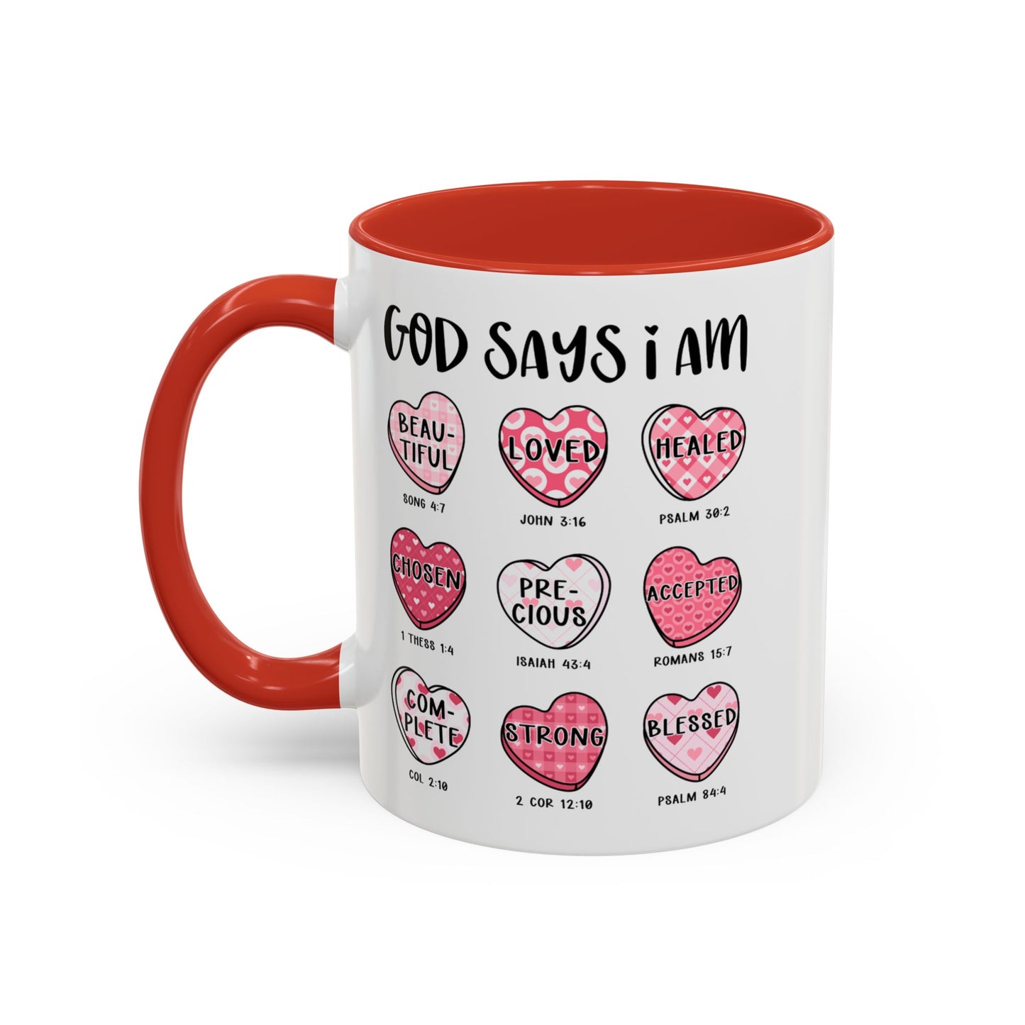 God Says I Am Inspirational Mug – Heart Design with Bible Verses, Comfort Grip Handle Accent Coffee Mug (11oz)