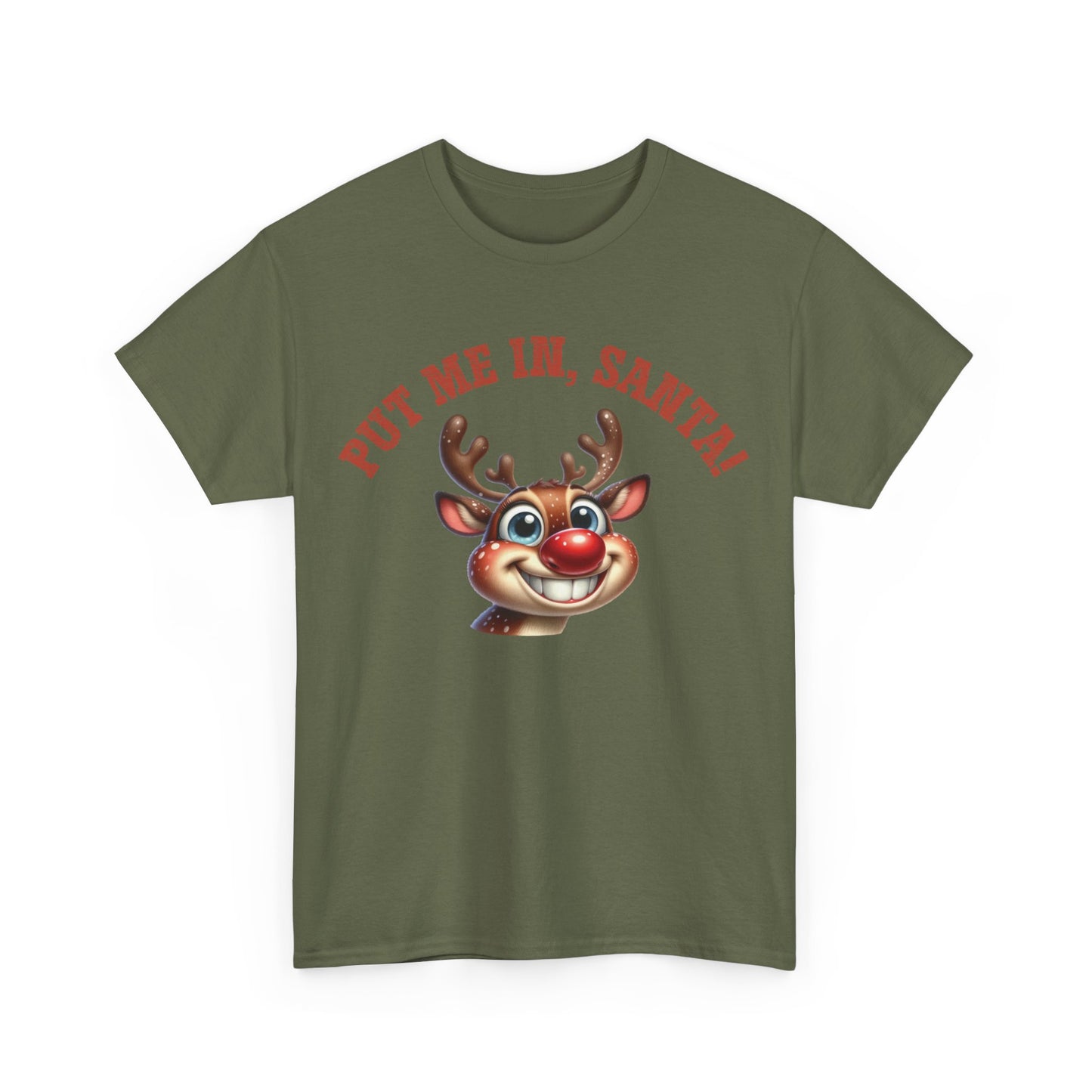 Put Me In, Santa Smiling Deer Unisex Heavy Cotton Tee – Fun and Festive Christmas Shirt