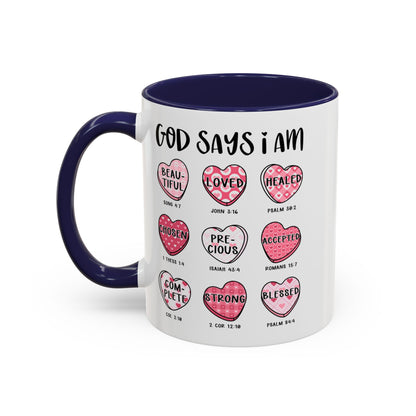 God Says I Am Inspirational Mug – Heart Design with Bible Verses, Comfort Grip Handle Accent Coffee Mug (11oz)