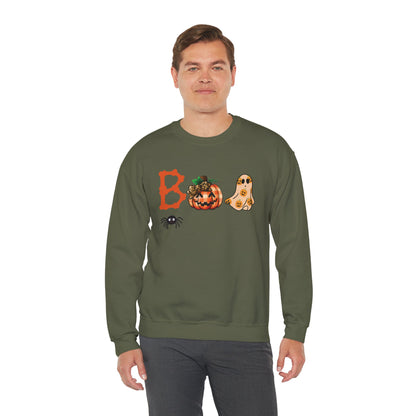 BOO Halloween Sweatshirt – Unisex Cozy Fall Crewneck with Pumpkin, Ghost &amp; Spider Design