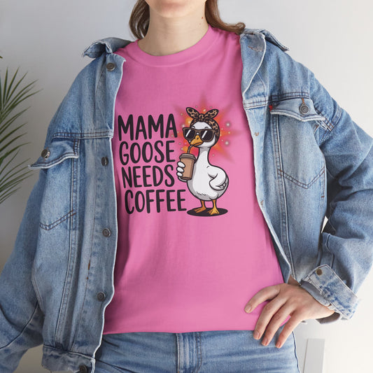 Woman wearing a soft cotton crew neck graphic t-shirt featuring a cute illustrated goose holding a coffee cup with the funny saying "Mama Goose Needs Coffee" — perfect gift for tired moms and coffee lovers