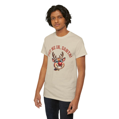 Put Me In, Santa Smiling Deer Unisex Heavy Cotton Tee – Fun and Festive Christmas Shirt