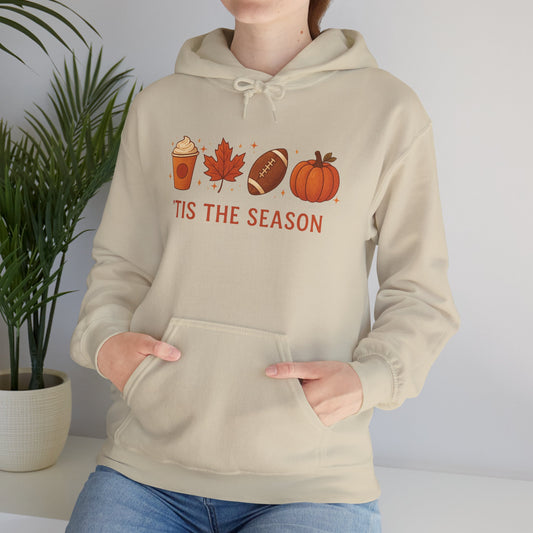 "Person wearing cream 'Tis The Season hoodie with fall icons including pumpkin spice latte, maple leaf, football and pumpkin, featuring kangaroo pocket and drawstring hood"