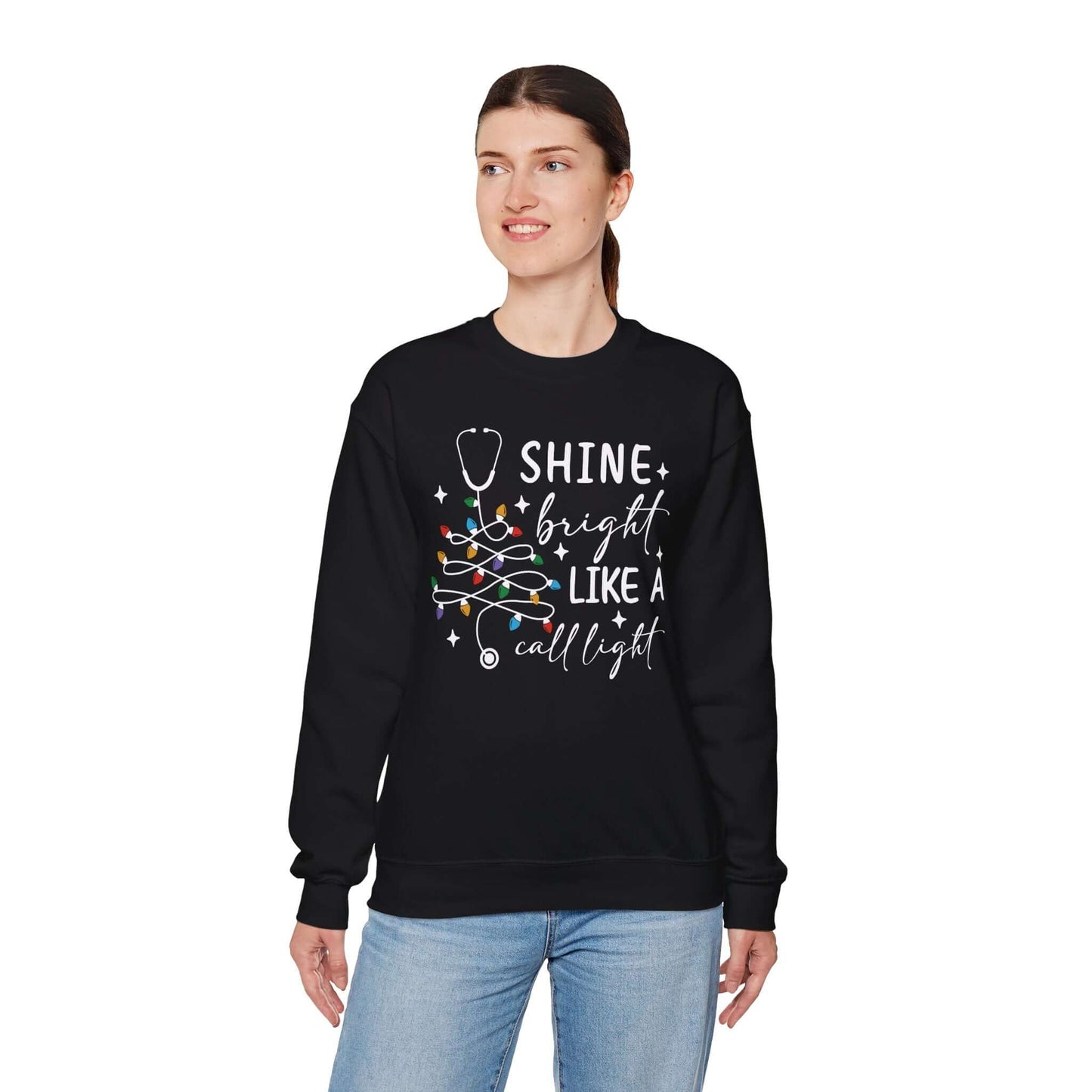 Shine Bright Like a Call Light Christmas Nurse Sweatshirt – Unisex Cozy Stethoscope Tree Crewneck for Healthcare Workers