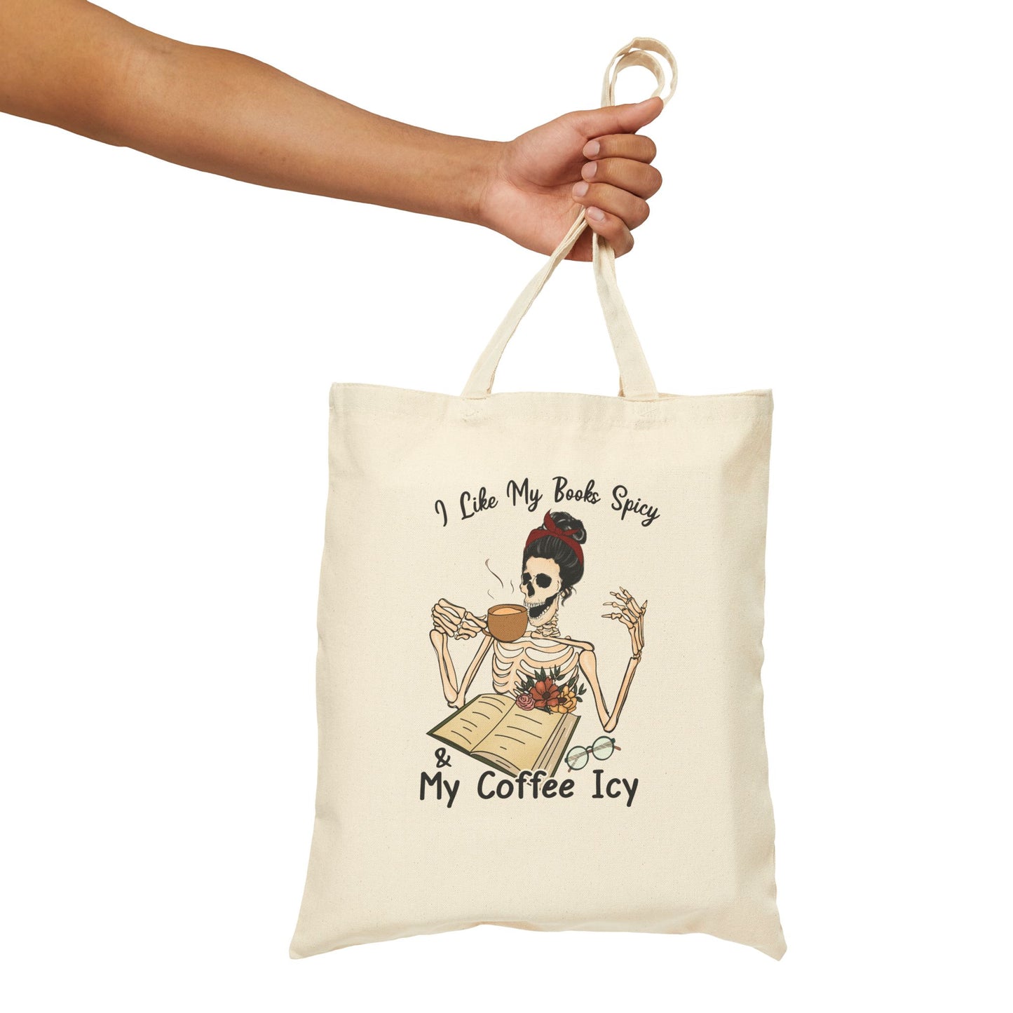 I Like My Books Spicy My Coffee Icy Skeleton Tote Bag - Funny Reading Coffee Lover Canvas Bag
