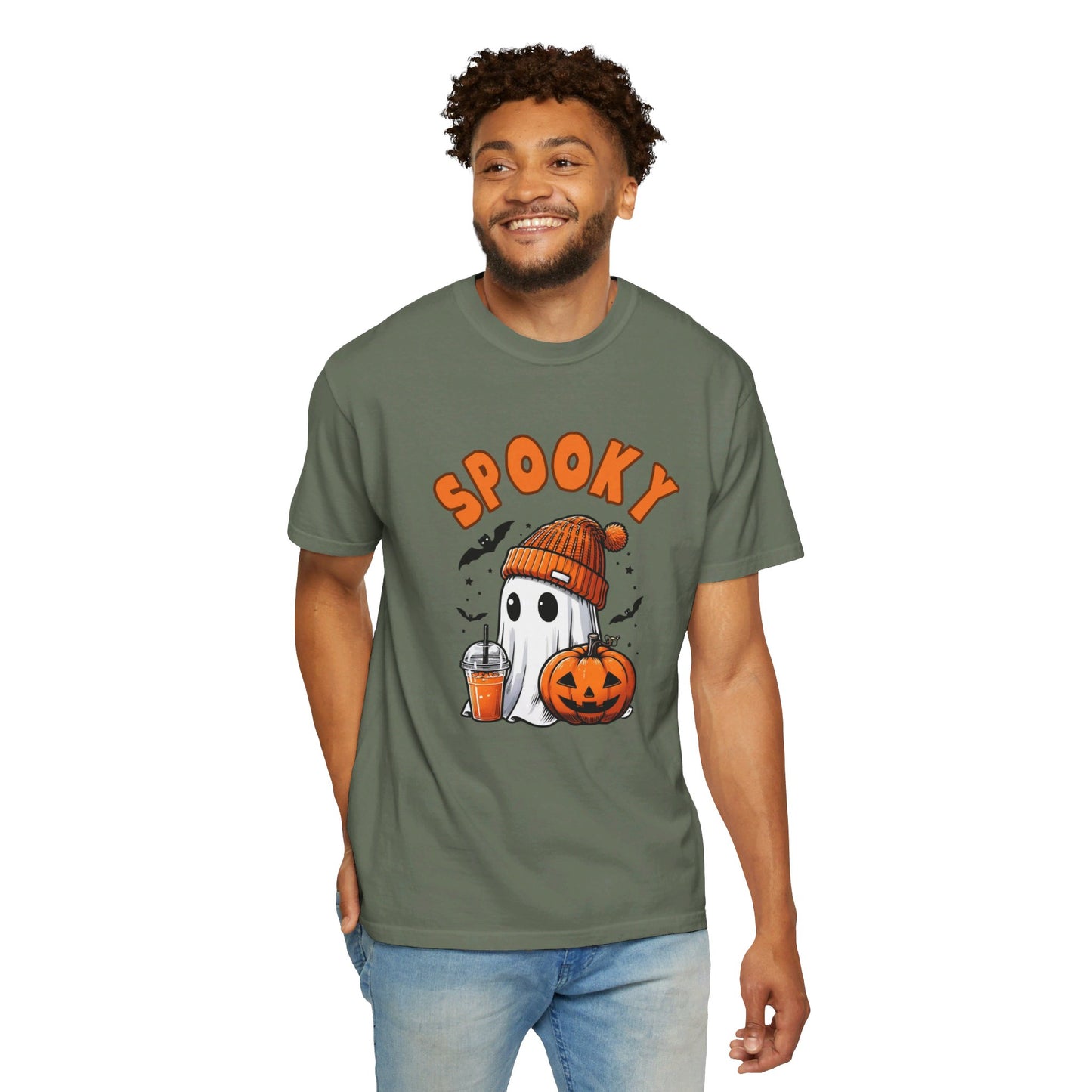 Spooky Ghost with Drink and Pumpkin Garment-Dyed T-shirt