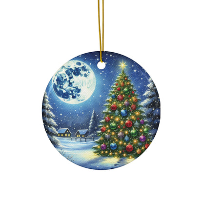 Festive Winter Scene with Christmas Tree & Full Moon Ceramic Ornament