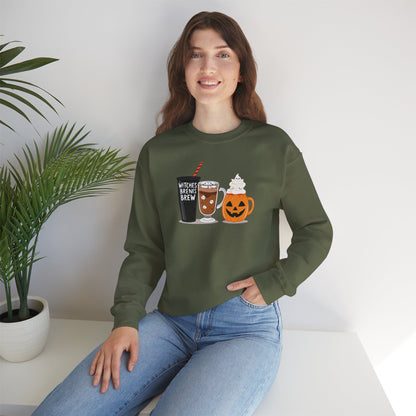 Witches Brew Halloween Sweatshirt – Cozy Unisex Fall Crewneck with Pumpkin &amp; Coffee Design
