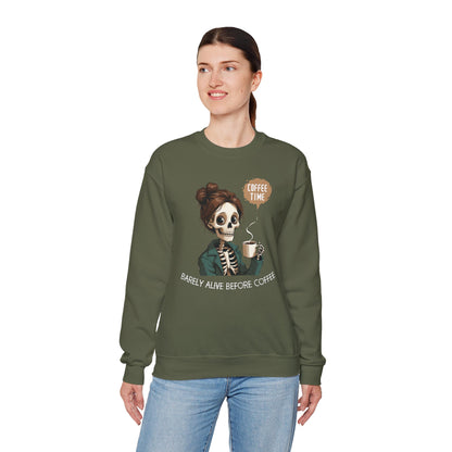 Coffee Time Skeleton Sweatshirt – Funny Barely Alive Before Coffee Crewneck for Coffee Lovers