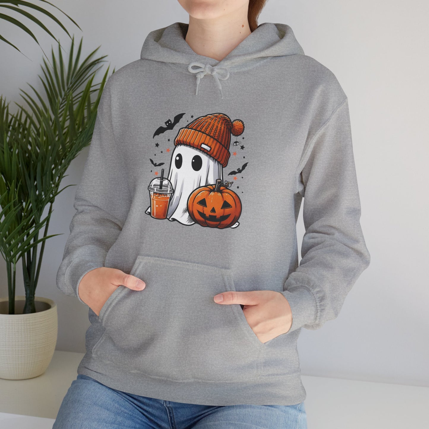 Cute Halloween Ghost in Beanie Unisex Heavy Blend Hooded Sweatshirt - Cozy Autumn Coffee Lover Pullover Hoodie