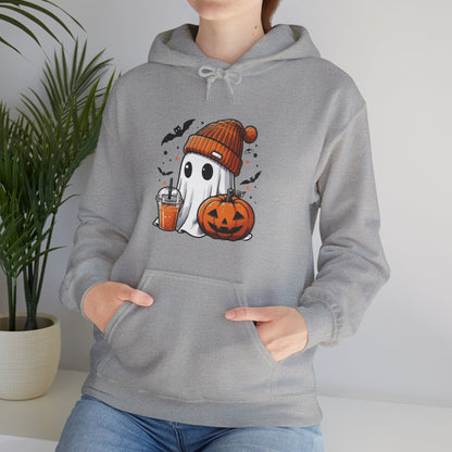Cute Halloween Ghost in Beanie Unisex Heavy Blend Hooded Sweatshirt - Cozy Autumn Coffee Lover Pullover Hoodie