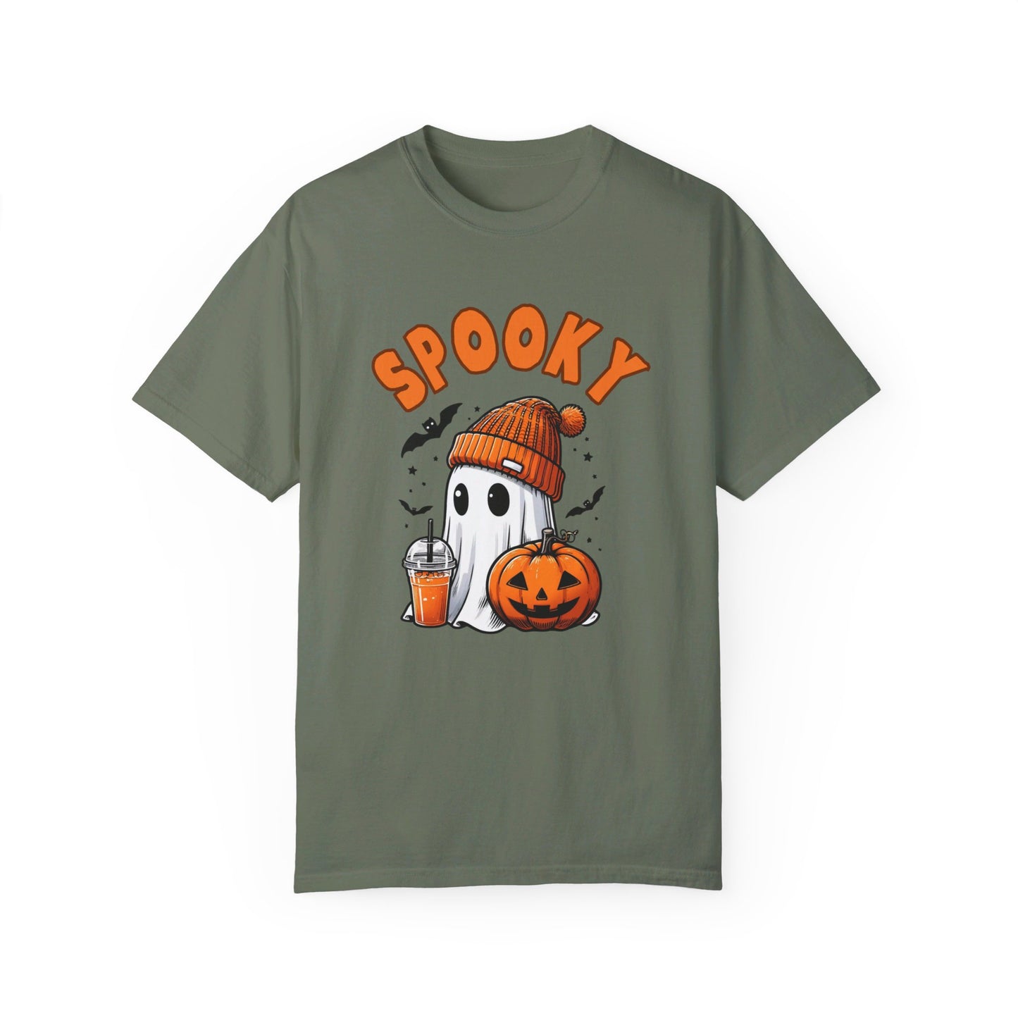 Spooky Ghost with Drink and Pumpkin Garment-Dyed T-shirt