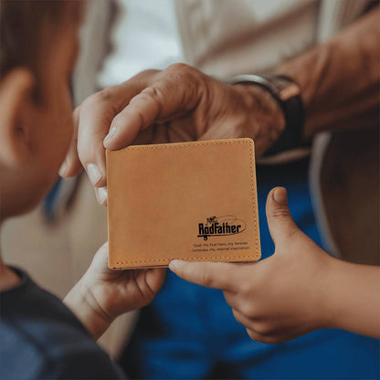 Brown leather wallet for dad with printed RodFather design – “Dad: My first hero, my forever compass, my eternal inspiration”