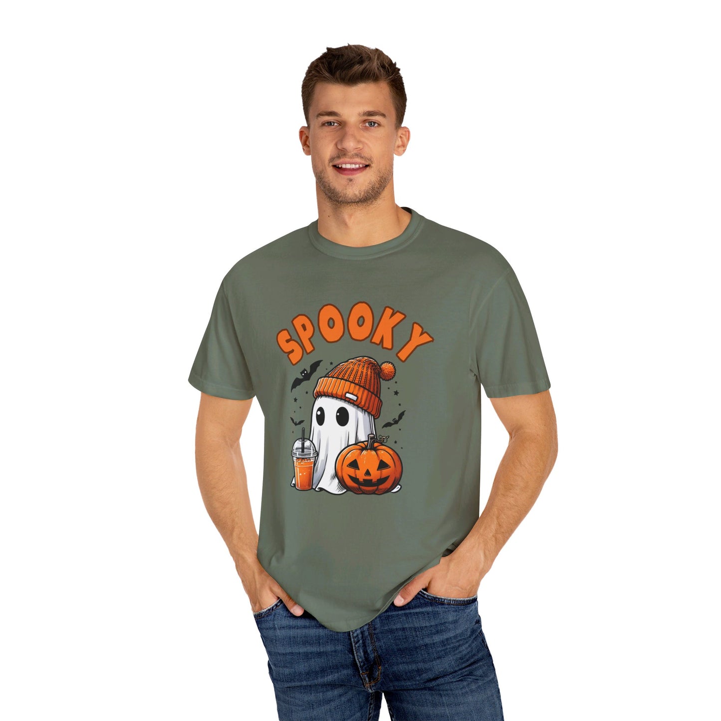 Spooky Ghost with Drink and Pumpkin Garment-Dyed T-shirt