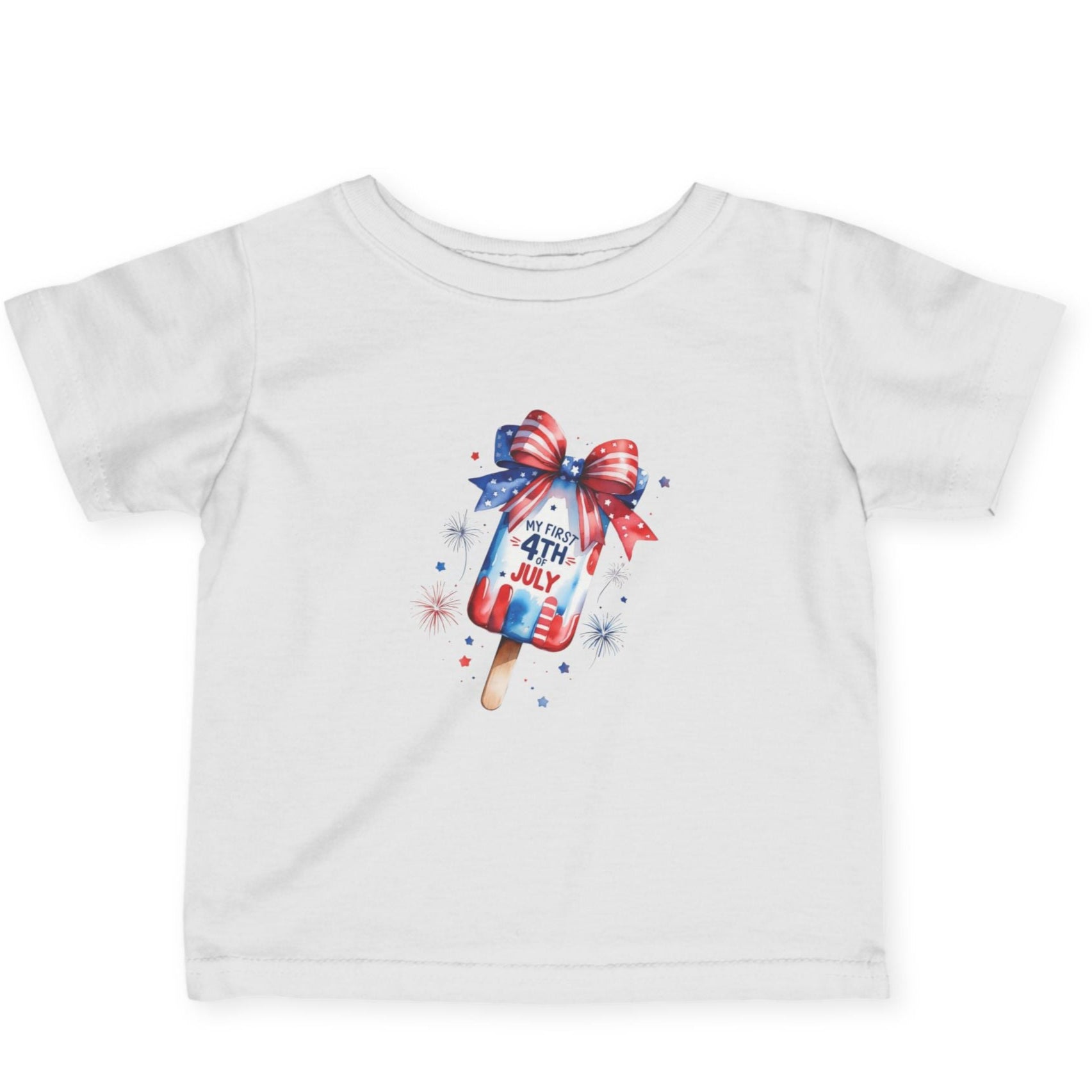 White infant t-shirt with red, white, and blue popsicle design, patriotic bow, and “My First 4th of July” text – festive baby apparel for Independence Day