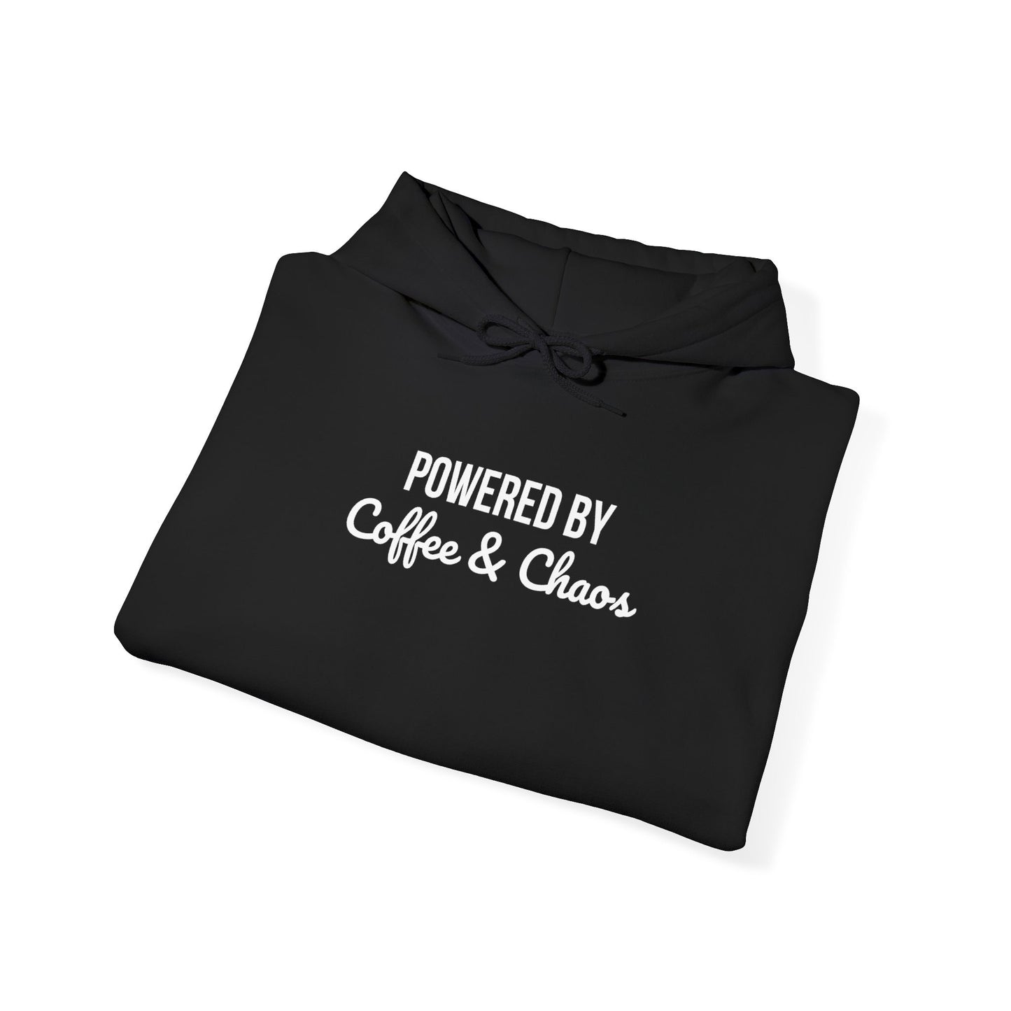 Coffee & Chaos Hoodie — "Powered by Coffee & Chaos" Graphic Hooded Sweatshirt