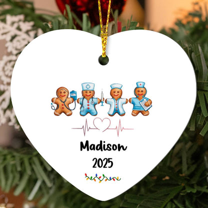 Personalized Nurse Gingerbread Heart Ornament | Custom Name; Year Christmas Gift for Nurses