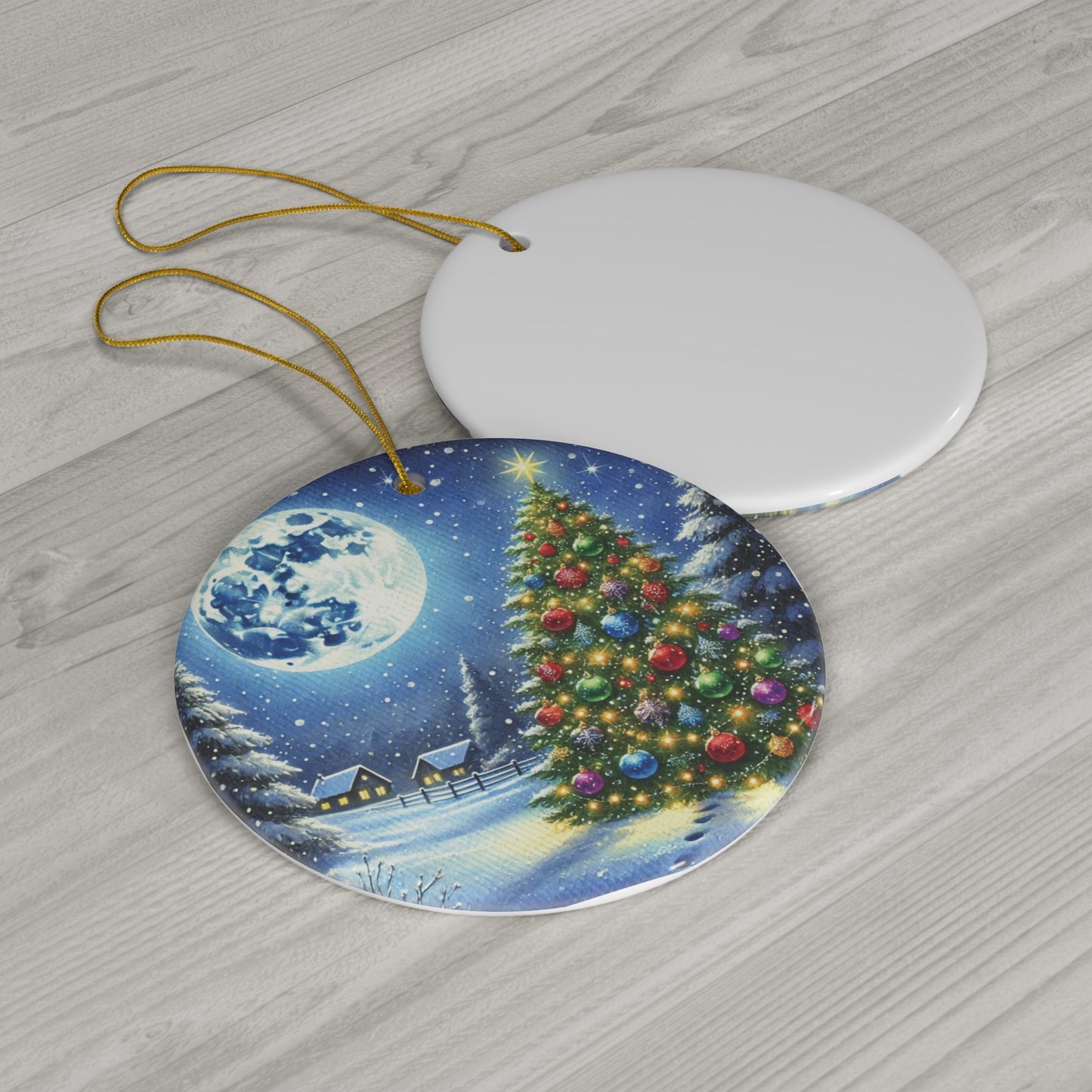 Festive Winter Scene with Christmas Tree & Full Moon Ceramic Ornament