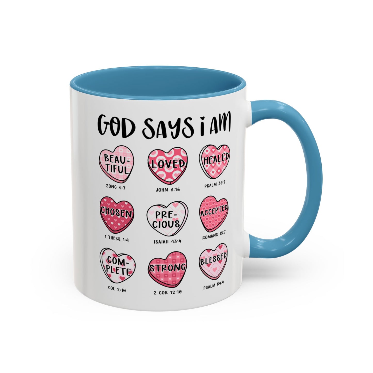 God Says I Am Inspirational Mug – Heart Design with Bible Verses, Comfort Grip Handle Accent Coffee Mug (11oz)