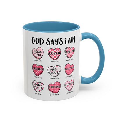 God Says I Am Inspirational Mug – Heart Design with Bible Verses, Comfort Grip Handle Accent Coffee Mug (11oz)