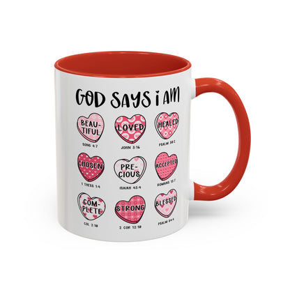 God Says I Am Inspirational Mug – Heart Design with Bible Verses, Comfort Grip Handle Accent Coffee Mug (11oz)