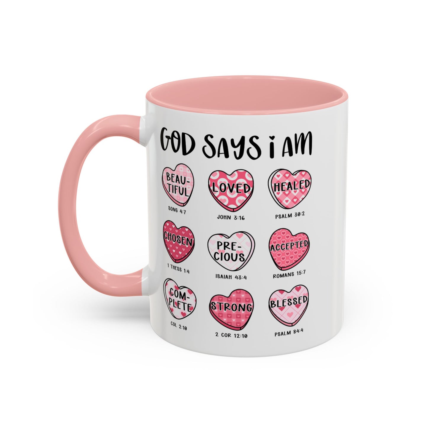 God Says I Am Inspirational Mug – Heart Design with Bible Verses, Comfort Grip Handle Accent Coffee Mug (11oz)