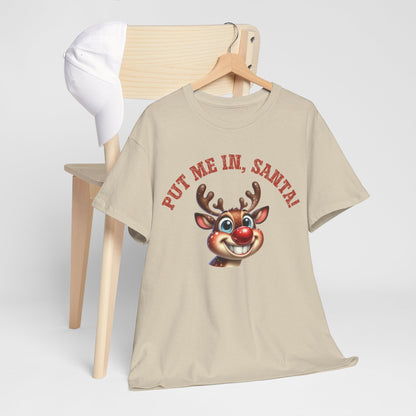 Put Me In, Santa Smiling Deer Unisex Heavy Cotton Tee – Fun and Festive Christmas Shirt