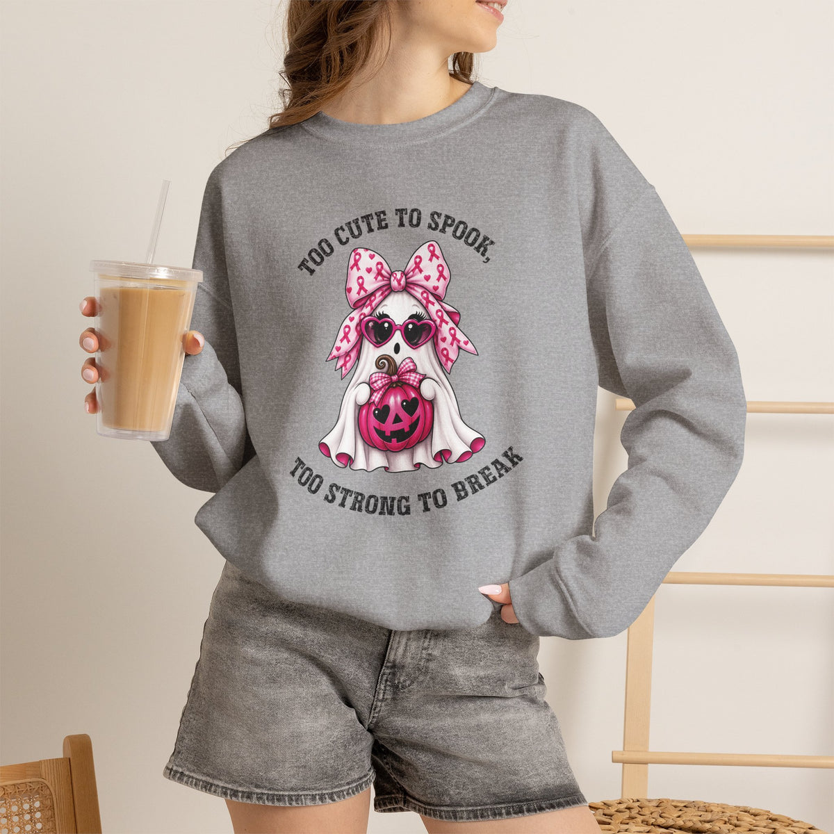 Breast Cancer Awareness Halloween Sweatshirt – Pink Ribbon Ghost Pumpkin Crewneck