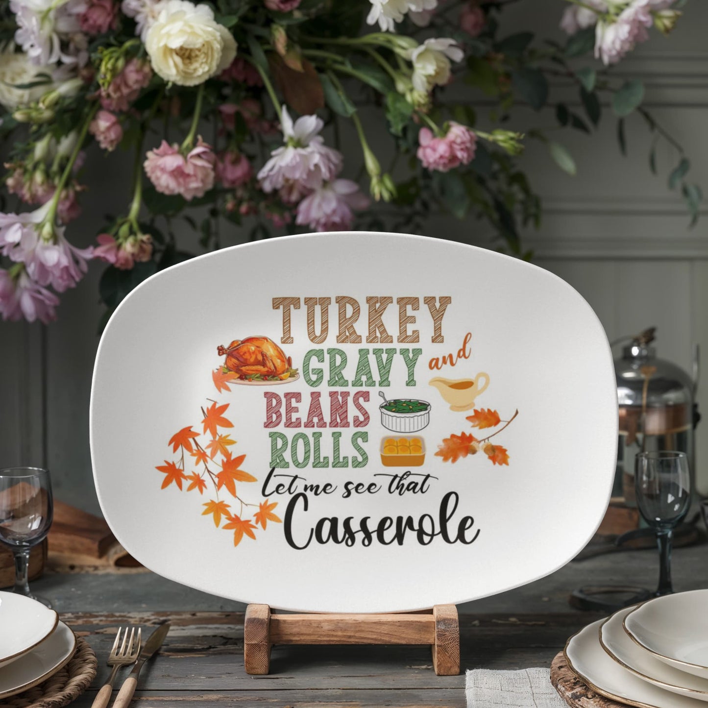 Thanksgiving Serving Platter - 10"x14" Oval Turkey; Fall Design - Microwave ; Dishwasher Safe Holiday Serving Tray