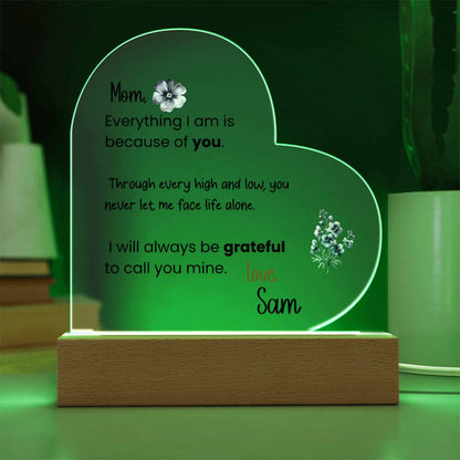 Personalized Mom Acrylic Heart Plaque with LED Light Base – Sentimental Mother Gift from Daughter or Son – Mother’s Day, Birthday, Keepsake Decor